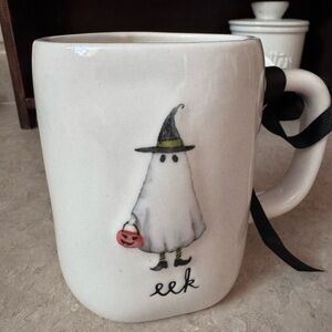 Rae Dunn White Ghost Mug with Black Ribbon